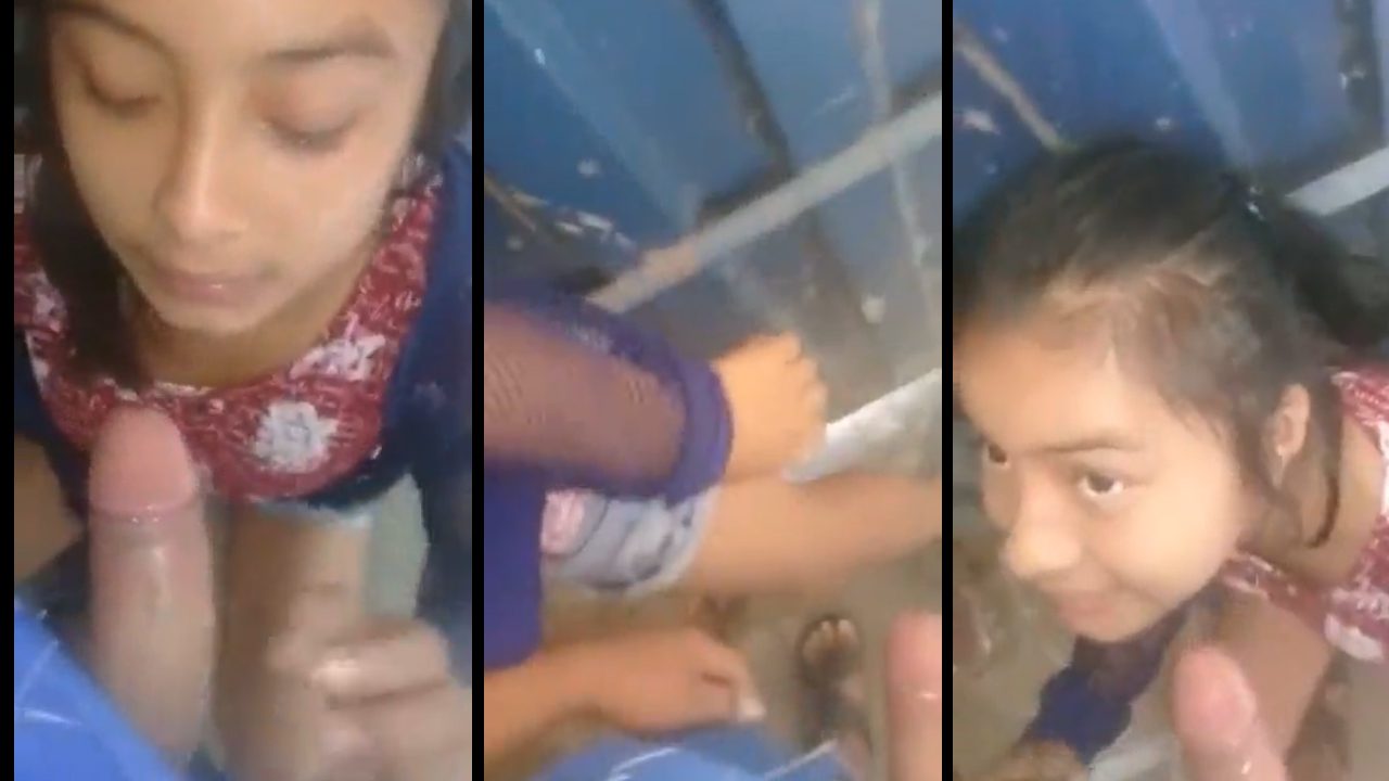 Se esconden en la cochera y la colegiala le empieza a mamar la verga